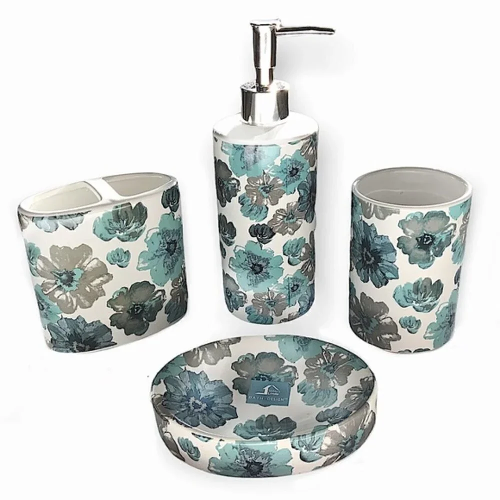 Floral Bath  Accessory Ceramic Set Sun Splash Collection White Blue 4 Piece Set